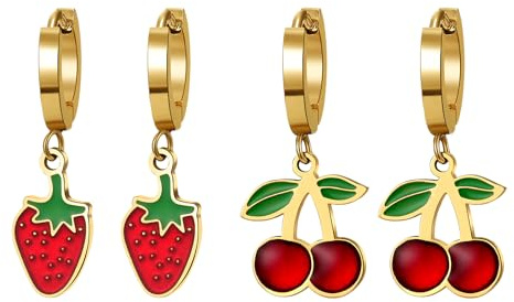 JewelryWe 2 Paar Erdbeer Kirsch Ohrringe: Gold Edelstahl Süße Obst Creolen Huggie Ohrstecker mit Erdbeere & Kirsche Anhänger Hypoallergene Ohr Schmuck Set Geschenk für Mädchen Kinder