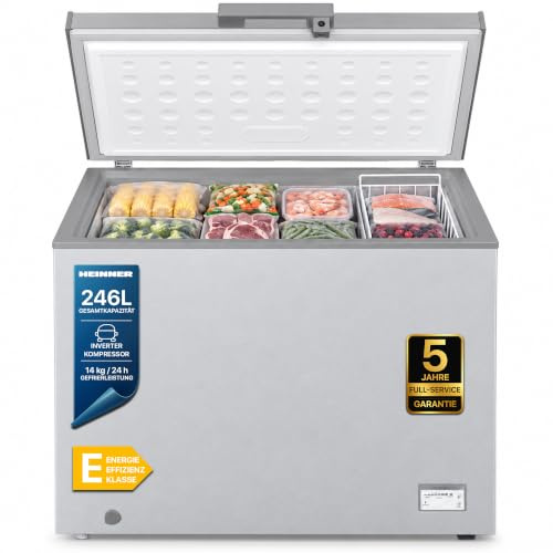 HEINNER HCF‑HM246CSE++ – Gefriertruhe 246 L – Energieeffizient, Inverter‑Kompressor, Schnellgefrierfunktion, LED‑Display & Innenbeleuchtung, Silber – 5 Jahre Garantie
