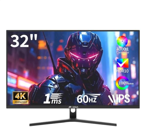 CRUA 32 inch Ecran PC Gamer 4K,Gaming Monitor UHD (3840 x 2160) PC Screen 1ms GtG 60HzHZ, Display HDRTM 400, DCI-P3 98%, AMD FreeSync, Tilt, Height Adjustable, Portrait Mode