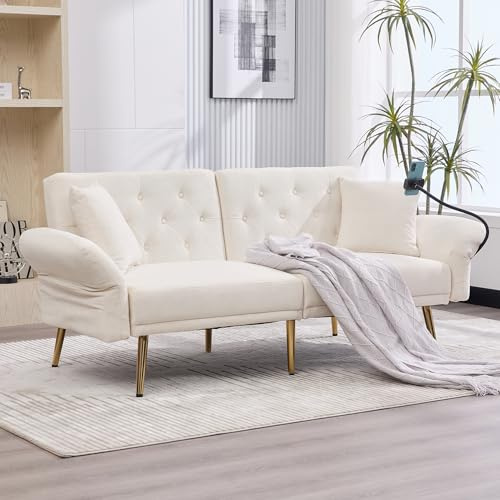 Hommdiy Multifunktionales Sofa-Bett für Zwei Personen mit Verstellbarer Rückenlehne, Zwei USB-Anschlüsse, Handyhalter, Seitentasche, Metallbeinen.Beige
