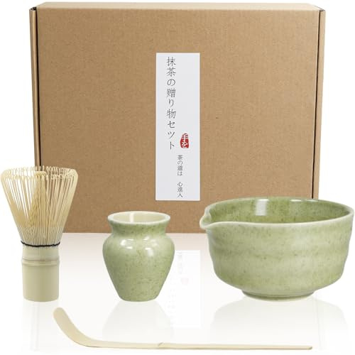 iYInJuan Set Matcha, ciotola in ceramica con beccuccio, regalo per gli amanti del Matcha, set tradizionale generico per la cerimonia del tè Matcha, set con frusta per tè Matcha, 4 pezzi, verde