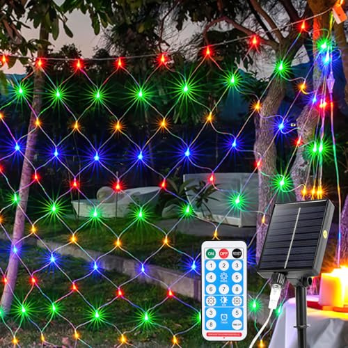 ISOISL Festliches Solar Lichternetz, 3x2m 240LEDs, 8 Modi & Timer per Fernbedienung, Solar/USB, IP44 wasserfest für Weihnachten, Garten, Weihnachtsdeko, Bunt