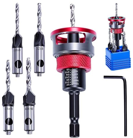 6PCS Countersink Drill Bit Set with Adjustable Depth Stop | 1/4 Inch Hex Shank, 4 HSS M2 Tapered Bits and Wrench, 82° Counterbore for Precise Woodworking, Plywood, MDF and DIY Projects