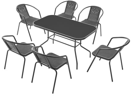 MAT-COMPANY Gartenmöbel Set 7 teilig Balkonmöbel Set mit 6 Stühlen und Tisch Polyrattan Bistro Set Balkon Terrasse Garten Sitzgruppe mit Glastisch Metallgestell Schwarz