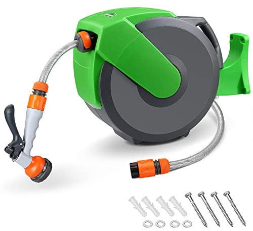 GARDEBRUK® Schlauchtrommel 20m + 2m mit Wandhalterung Garten 1/2' Multifunktions-Handbrause Schlauchführung Schlauchaufroller Wandschlauchbox