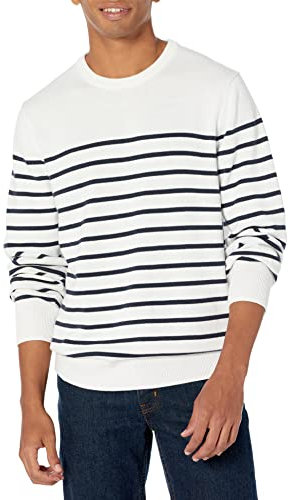 Amazon Essentials Men's Crewneck Sweater (Available in Big & Tall), Navy White Placed Stripe, Large