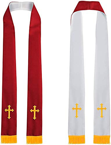GraduatePro Klerus Stola Reversible mit Corss Figur Stickerei Quasten 229cm Unisex Chor Priester Rot Weiß