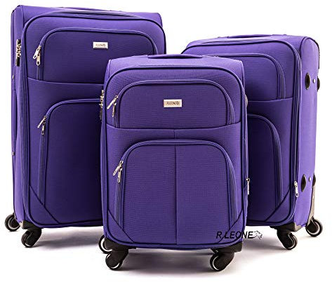 R.Leone Valigia da 1 pezzo Fino a Set 3 Trolley Espandibile grande, medio e bagaglio a mano 4 ruote in stoffa 214 (Viola, Set 3 S M L)