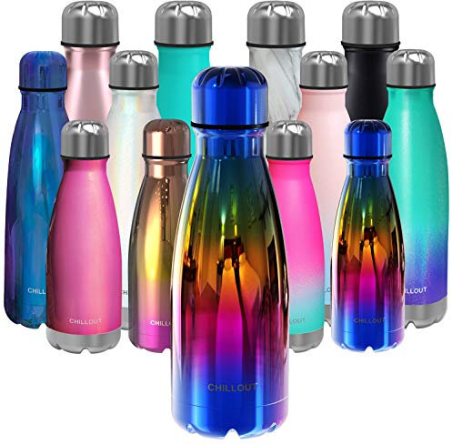 CHILLOUT LIFE Stainless Steel Water Bottle for Kids School: 12 oz Double Wall Insulated Cola Shape for Cold and Warm Drinks, BPA Free Metal Sports for Boys, Girls & Women (UV Rainbow)