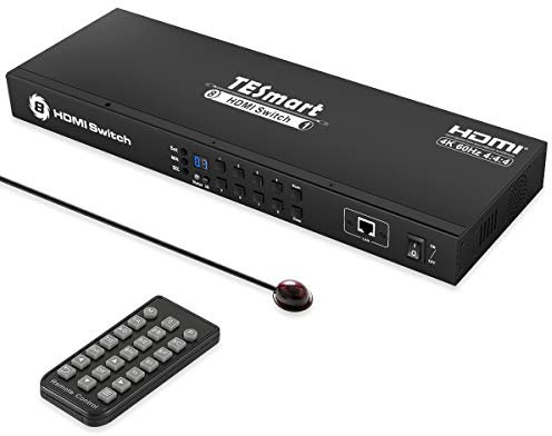 TESmart 8×1 HDMI Switch 8 In 1 Out Unterstützt 4K@60Hz HDCP 2.2 mit 19-Rackmontage-Ohren | RS-232/Lan Control | IR-Fernbedienung und Auto Switch | Auto Scan mit voreingestelltem Intervall-Schwarz