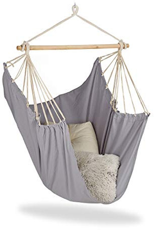Relaxdays Hängesitz, XL Hängesessel aus Baumwolle, für Kinder & Erwachsene, Aufhängung, In- & Outdoor, bis 150 kg, grau