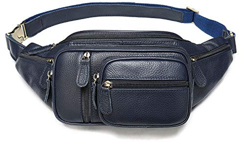 Gürteltasche aus echtem Leder, großes Fassungsvermögen, Umhängetasche mit Reißverschluss-Telefontaschen, Dunkelblau, Large