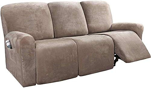 LINGKY 8-Pieces Recliner Sofa Covers Velvet Stretch Armchair Covers With Side Pocket Thick Soft Washable Sofa Covers 3 Seater Replacement Furniture Protector (Sofa, Taupe)