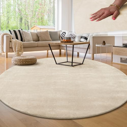 Paco Home Moderner Kuscheliger Wohnzimmer Teppich Kurzflor waschbar flauschig Weich Einfarbig Felloptik zeitlos stilvoll rutschfest pflegeleicht, Grösse:160 cm Rund, Farbe:Creme