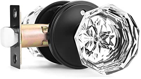 Orger 1 bouton de porte en verre avec rosace noire plate, bouton de porte de bain/lit pour une utilisation intime, poignée de porte intérieure sans clé avec verre cristal en forme de diamant et base