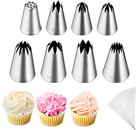 Kasmoire 8Pcs Large Piping Tips Set,Stainless Steel Icing Tips with 10 Disposable Pastry Bags for Cake Decorating