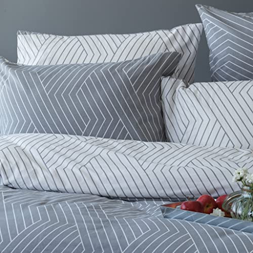 LERUUM Bettwäsche Sommer Set 155x220 Baumwolle Graue Weiß Bettbezug Streifenmotiv Wende Bettwaren inkl 1 Kopfkissenbezug 80x80cm