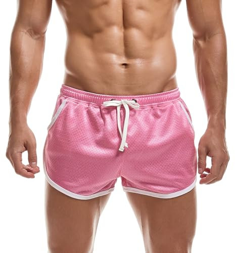 AIMPACT Pantaloncini da corsa da uomo in rete con spacco, pantaloncini da palestra con fodera, rosa, S