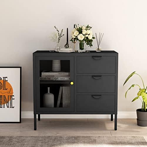 MOONAIRY Aparador, Aparador Cocina, Aparadores para Salon, Mueble Salon, Mueble Cafetera, Mueble Buffet, Alacenas Y Vitrinas, de Acero y Vidrio Templado Antracita 75x35x70 cm