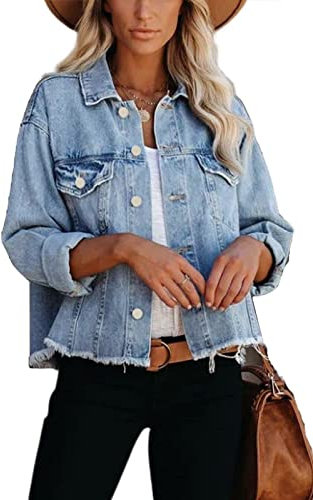 JayscreateEU Female Jeansjacke Kurze jacke Denim Jean Mantel Outwear Lange Ärmel Damen Jeansjacke mit Knöpfen Winter Herbst jacke Kanten und Waschen mit Tasche,Grau,L
