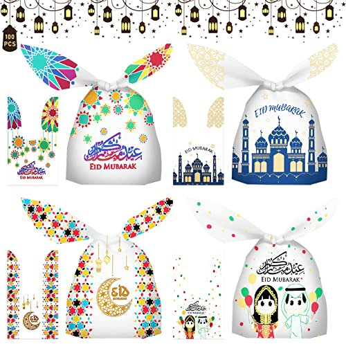 TOPJOWGA Eid Mubarak Geschenktüten, 100 Stück Eid Mubarak Favor Taschen, Eid Mubarak Partytüten, Ramadan Candy Tasche, Ramadan Geschenktüte, Eid Mubarak Partytüten Party Deko