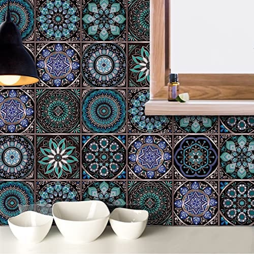 HORIWE Tile Stickers Vintage Mandala Style Wall Decal Sticker Adhesive Tile Art DIY Kitchen Bathroom Backsplash Floor Home Decor PVC Waterproof Oil Proof New 6x6 Inches 20PC