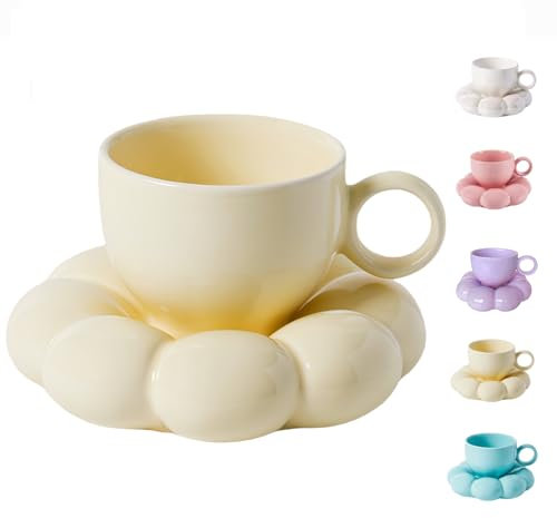 ARISKEY Jolie tasse à café pour femme, tasse à thé et soucoupe avec cuillère, 200 ml pour latte et lait, passe au lave-vaisselle et au micro-ondes, cadeau pour maman, jaune citron
