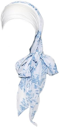 Gragengs Kopfbedeckung für Damen Schlaf Beanie Kopftuch für kahle Wickel Krebs Hüte Turban,Weißes/blaues Blatt
