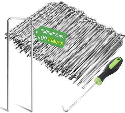 Graxury 400 Pièces 15cm Piquets de Jardin Robustes de Ø 3 mm - Agrafes en Acier Galvanisé pour Fixer Les Toiles Anti-Mauvaises Herbes, Les Filets et Les Tubes avec 1 Crochet de Ramassage