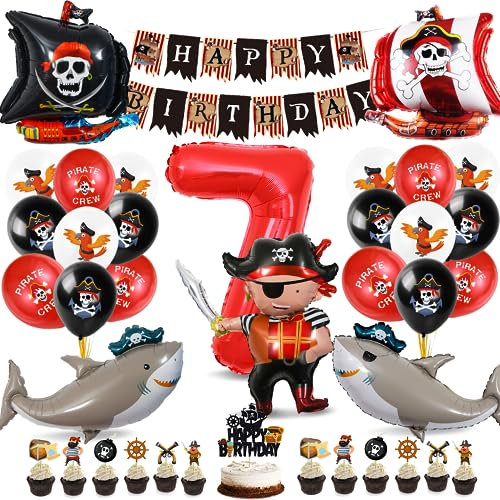 Piraten Geburtstag Deko Set,7 Jahre Kindergeburtstag Piraten Deko,Pirat Folienballon 7 mit Happy Birthday Banner und Tortendeko für Junge Mädchen Geburtstag Halloween