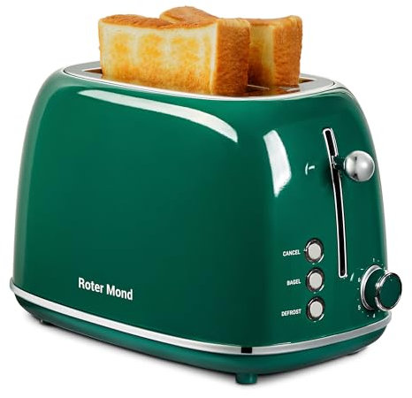 Roter Mond Retro Style Stainless Steel 2 Slice Toaster with Bagel Functions, Cancel and Defrost 6 Shades of Bread, Extra Wide Slots and Removable Crumb Tray