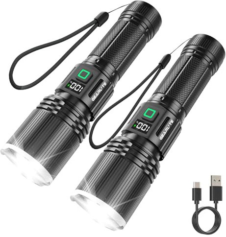 GEARLITE Taschenlampe LED Aufladbar 2 Stück, 20000 Lumen LED Taschenlampen Extrem Hell mit Holster & 5 Modi, IP65 Wasserdichte Handlampe Zoombar für Camping Notfälle Outdoor Geschenk