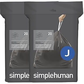 simplehuman Code J 40 Odorsorb Liners, 50% Recycled Custom Fit Odour Absorbing Bin Liners in Dispenser Packs with Durable Drawstring Tie Handle, 30-45L