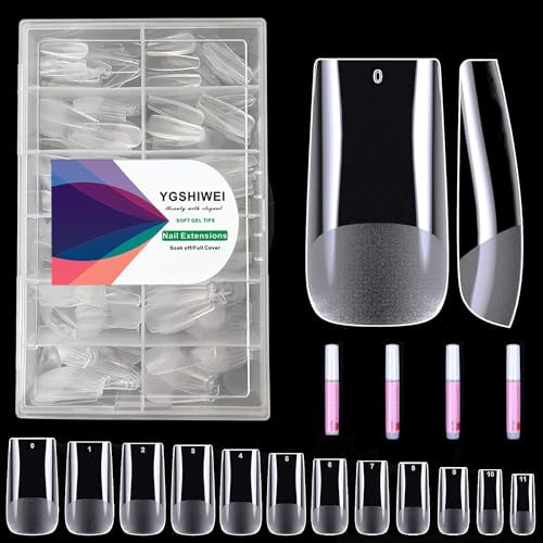 YGSHIWEI 504 Pièces Pose Américaine Ongles Capsules avec Colle,Transparente Faux Ongles Gel x pose Americaine 12 tailles Différentes,Semi-Matt (Carré Moyen)