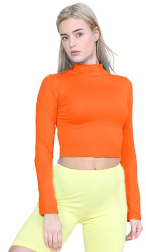 janisramone® Ladies Tops, Classic Long Sleeve Polo Turtle Neck Tops for Women - Soft & Stretchy Crop Tops for Women, Ideal for Casual Or Going Out Tops Neon Orange