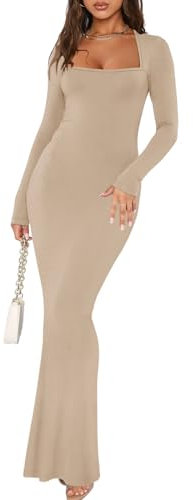 REORIA Women's Sexy Trendy Party Club Night Out Dresses Square Neck Long Sleeve Ribbed Soft Stretch Bodycon Lounge Maxi Dress Khaki Small