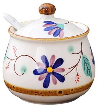 TYMYYS Sucrier Rétro Nordique Avec Couvercle, Pot De Rangement à Motif Dessiné à La Main, Sucrier En Porcelaine, Pot à épices, Pour Café Bar, Restaurant-fleur bleue-10x8.5x11cm