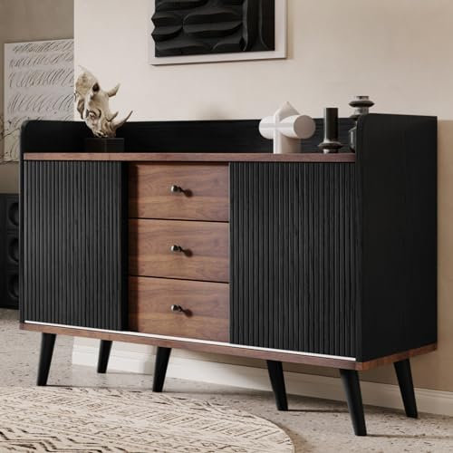 KOMHTOM Élégant buffet, commode, armoire de rangement, avec deux portes coulissantes et trois tiroirs, multifonction, pour salon, chambre à coucher, entrée et salle à manger (noir)
