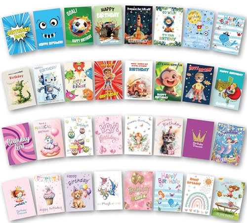 Geburtstagskarten für Kinder, 32 Stück, gemischte Karten für Mädchen und Jungen. Jede Geburtstagskarte enthält 16 Karten für Jungen und 16 Karten für Mädchen. Umweltfreundlich und hergestellt in