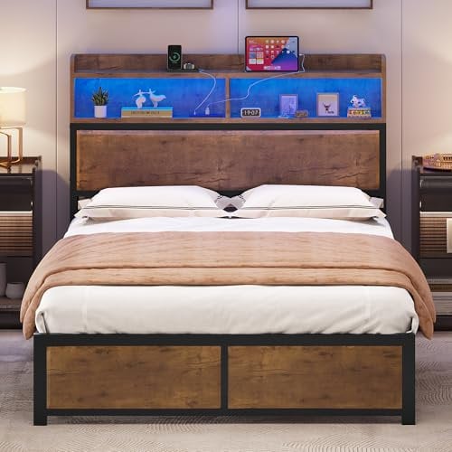 YITAHOME Bettgestell LED mit Kopfteil USB-Anschlüsse und Ladeausgänge Metallplattform-Bettgestell mit 2 Regalböden,Keine Matratze erforderlich,Braun 200X140CM