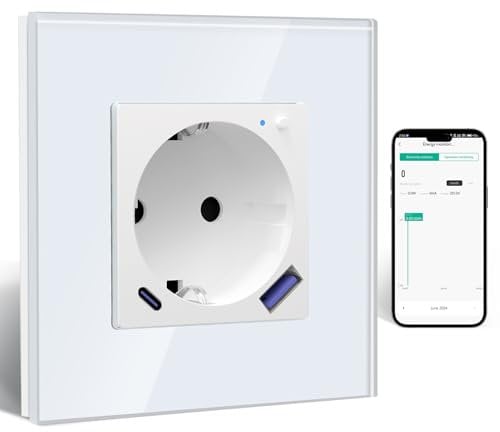 BSEED Enchufe Inteligente con Cargador Rápido USB C 20W, Toma de Corriente Inteligente Eempotrada con Medición de Corriente Funciona con Alexa/Google Home, Enchufe con Smart Life App,1 Gang Blanco