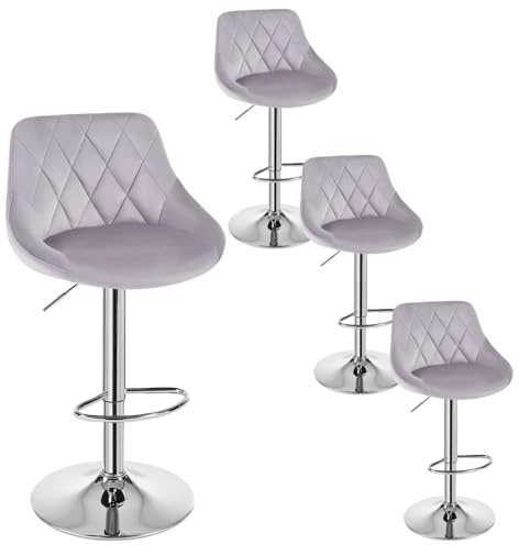 WOLTU Barhocker 4er Set, Hocker höhenverstellbar drehbar, gepolsterter Samtsitz, mit Rückenlehne Fußstütze, rutschfest, für Küche Hausbar, Hellgrau, BH138hgr-4