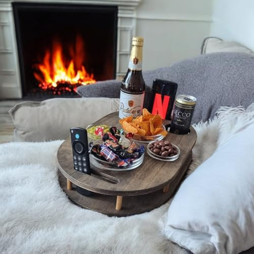 Couchbar Snackbox in grau mit 4 Glasschalen - PERSONALISIERBAR - Sofabar für Snacks und Getränke - Couchtabletts mit Getränkehalter - Sofa Butler - Snackbar für die Couch - Tablett couch zum abstellen