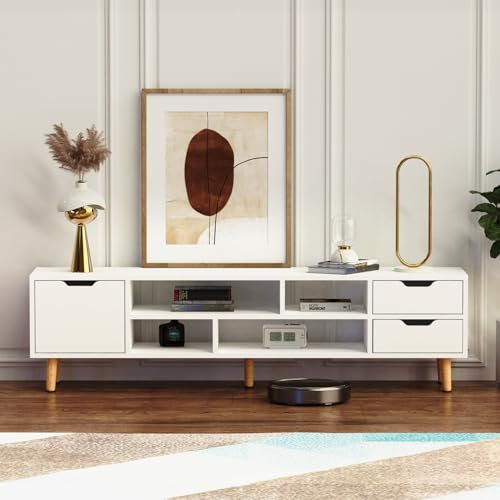 Oyajia Modern TV Cabinet Storage TV Stand Mit 2 Drawers&1 Cabinet, Suitable for Living Room and Bedroom, Handleless Design, TV table Panel, Simple White, 140(L) cm High Gloss Panel.