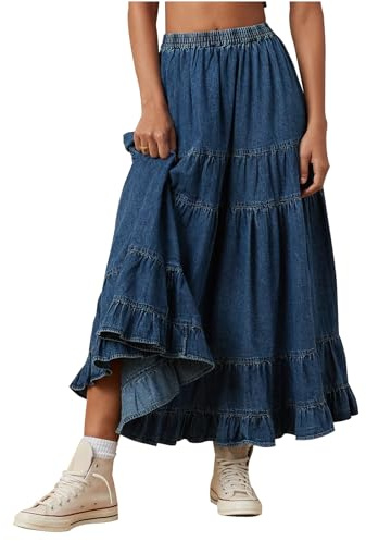 YEXPINE Damen Swing Chambray Maxirock Elastische Taille Plissee Stufig Flowy Lange Röcke Retro Denim Rock