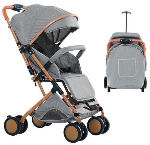 Poussette Canne Bébé Ultra Légère, Compacte, Pliable et Inclinable de la Naissance à 25 kg, avec Système Trolley, Housse de Pluie Incluse, et CapoteExtensible -B-gris