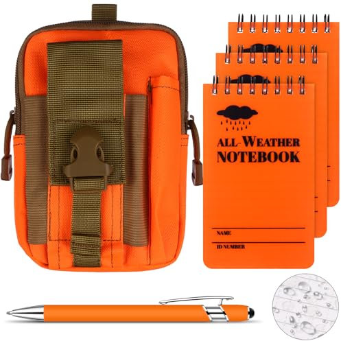 HAOWANWW 5 Pcs Waterproof Notepad Pen Set Waterproof Notebook Mini Spiral Notebook All Weather Stone Paper Notebook Orange Cover Pocket Notepad Tactical Steno Pad with Grid for Outdoor Activity Record