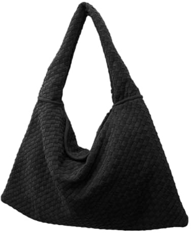 Gewebte Hobo-Tasche aus Wildleder für Damen, lässige Wildleder-Tragetasche mit Tragegriff oben, Vintage-Umhängetasche, gewebte Geldbörse, Schwarz, 16.5 x 0.8 x 13.0