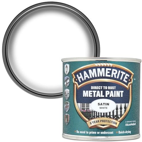 AMK® Hammerite Metal Paint Satin White 250ml Direct To Rust Quick Drying No Primer Or Undercoat Needed Single Coat
