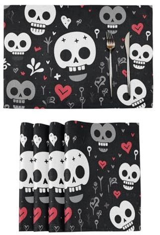 Funny Skull Heart Black placemats for Round Dining Table Reversible placemats placemats Fabric Washable underplate mat placemats Set of 4 Vinyl 12x18
